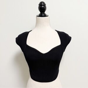 Babaton Aritzia Black Carnegie Sculpt Knit Cap Sleeve Sweetheart Neck Crop Top